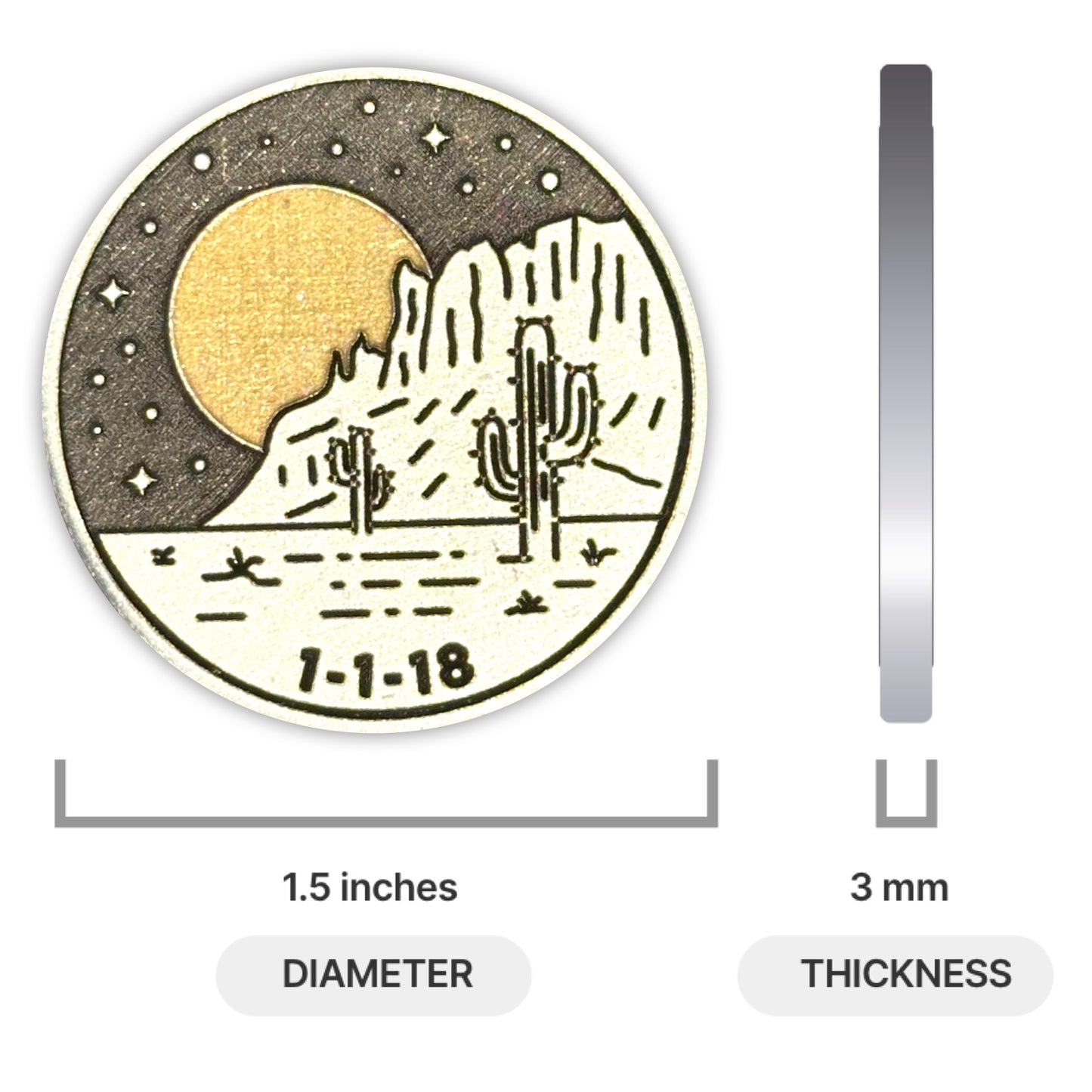 Custom Desert Night Sobriety Coin – Black, Silver, and Gold – Date on front, milestone and personal message on back