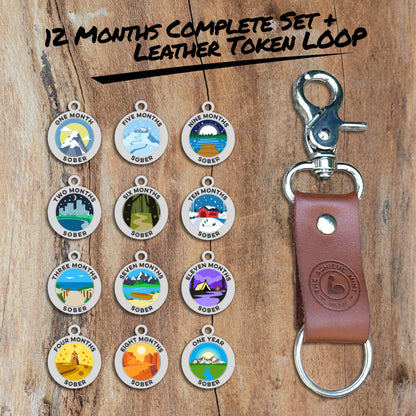 12 Months Sobriety Tokens Complete Set and Leather Token Loop