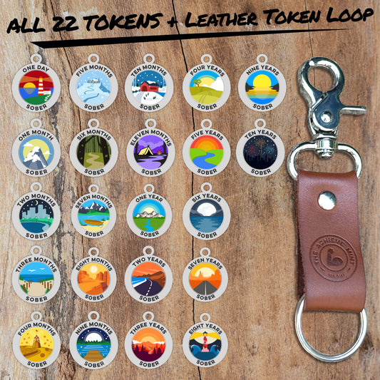 All 23 Sobriety Tokens Complete Set and Leather Token Loop