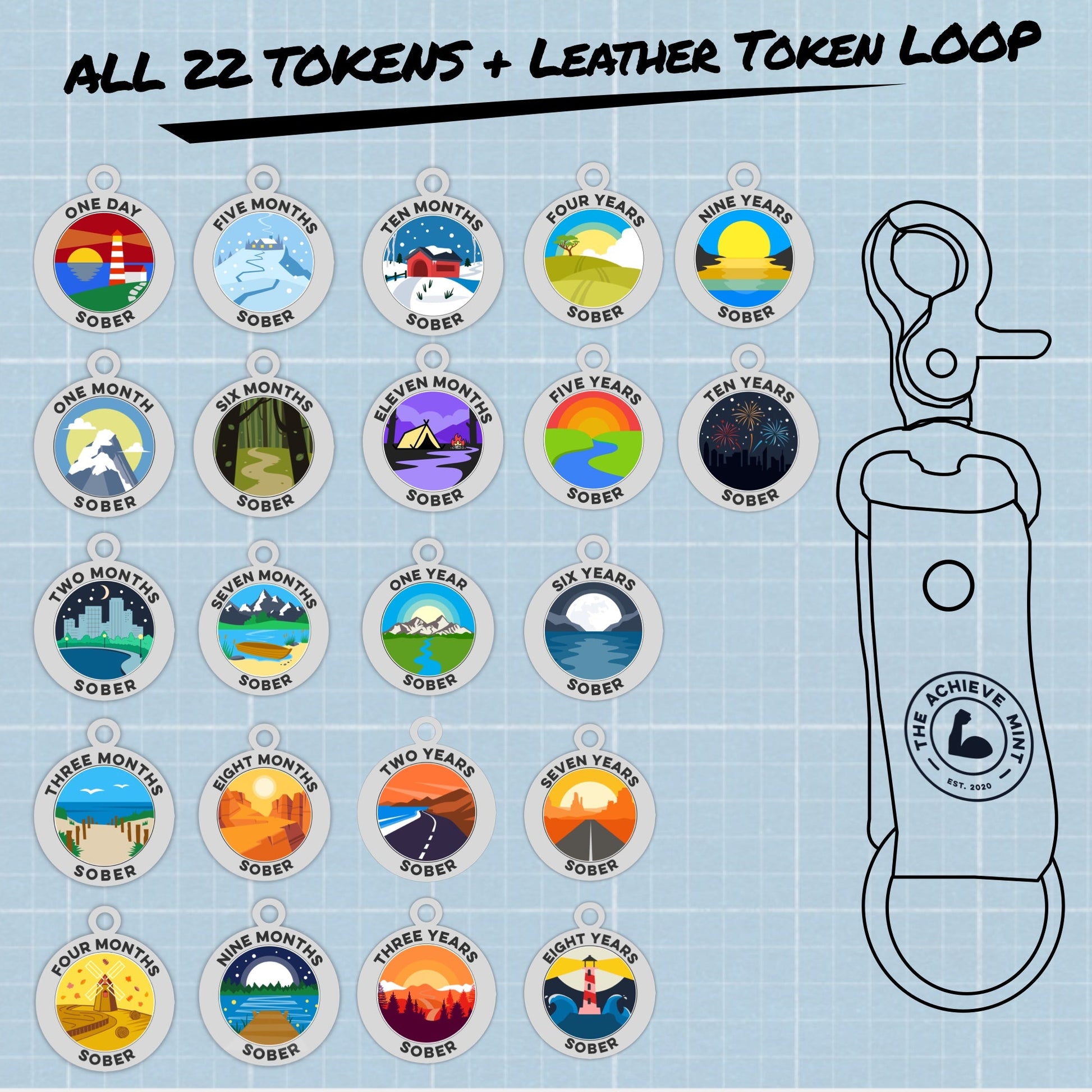All 23 Sobriety Tokens Complete Set and Leather Token Loop - The Achieve Mint