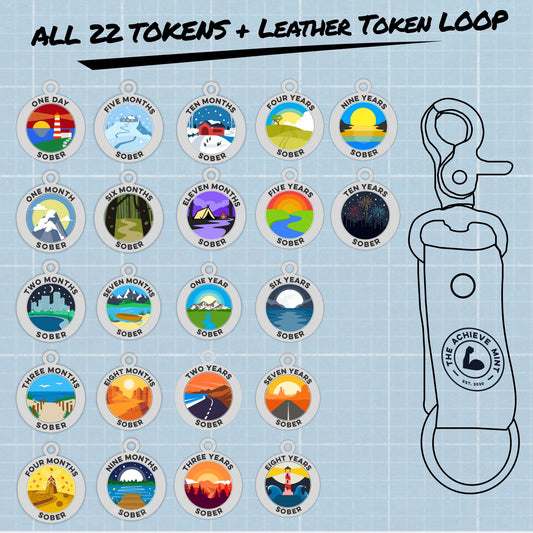 All 23 Sobriety Tokens Complete Set and Leather Token Loop - The Achieve Mint