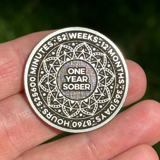 Any Year Mandala | Custom Personalizable Silver Sobriety Coin | Any Year anniversary on Front | Any Quote + Optional Date on Back - The Achieve Mint