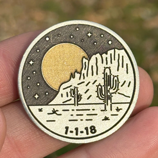 Custom Desert Night Sobriety Coin – Black, Silver, and Gold – Date on front, milestone and personal message on back