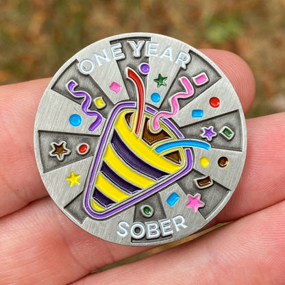One Year Sober Emoji sobriety coin - The Achieve Mint