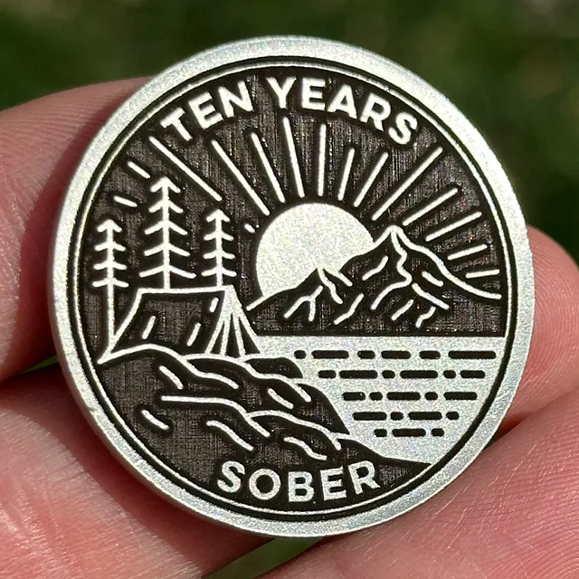 Custom Tent on Peaceful Lake sobriety coin
