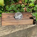 Photo of silver sobriety coin with soaring hawk design displayed on wooden block outdoors