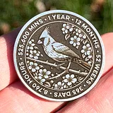 Photo of a sobriety coin held in a hand showing a cardinal bird surrounded by flowers and text marking time milestones