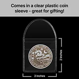 Photo of Starry Night sobriety coin in clear plastic sleeve with size dimensions marked as 2 inches wide by 2 inches tall