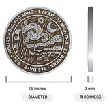 Photo of circular sobriety coin with Starry Night design, size and thickness measurements shown below