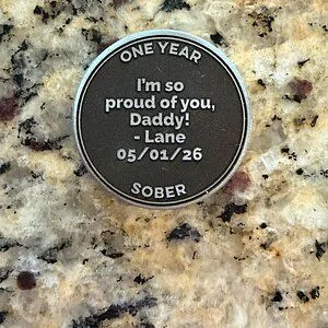 Calye's Custom Tent on Peaceful Lake sobriety coin