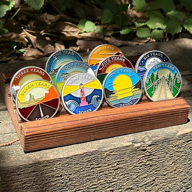 Customer photo for Wooden 4-row sobriety coin display stand review