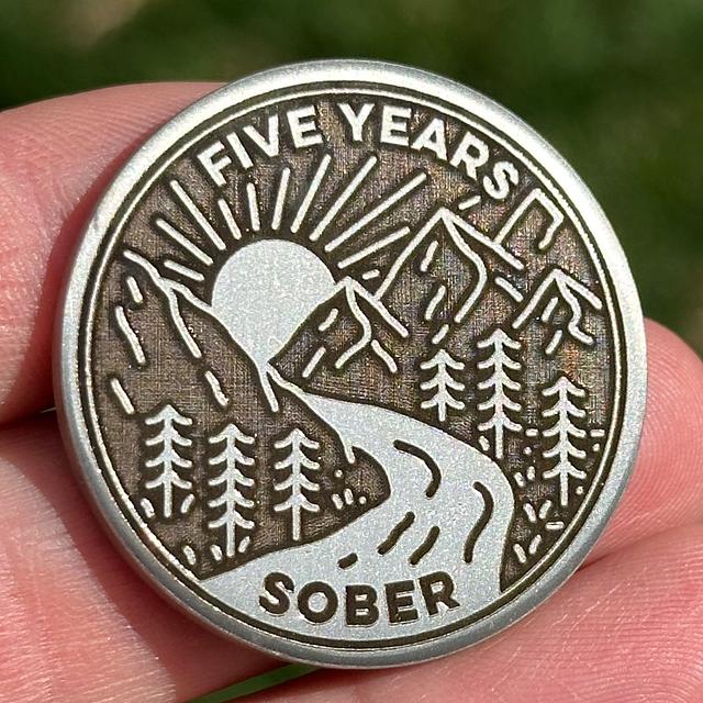 Customer photo for Custom Mountain Stream at Sunrise sobriety coin review